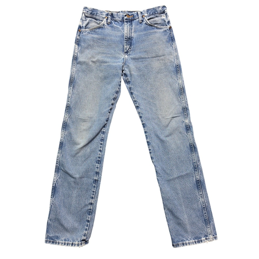 Farmcore Distressed Cowboy Cut Straight Leg Jeans Mens 33x34 Light Blue Wrangler